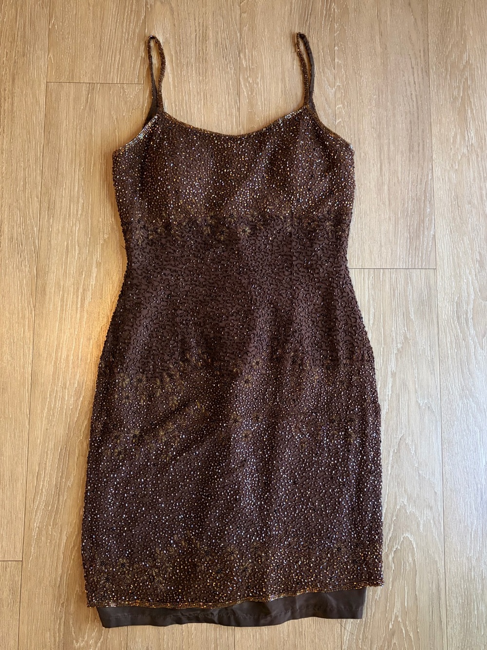 Vintage Brown Sequin Beaded Silk Slip Mini Dress w/ Spaghetti Straps